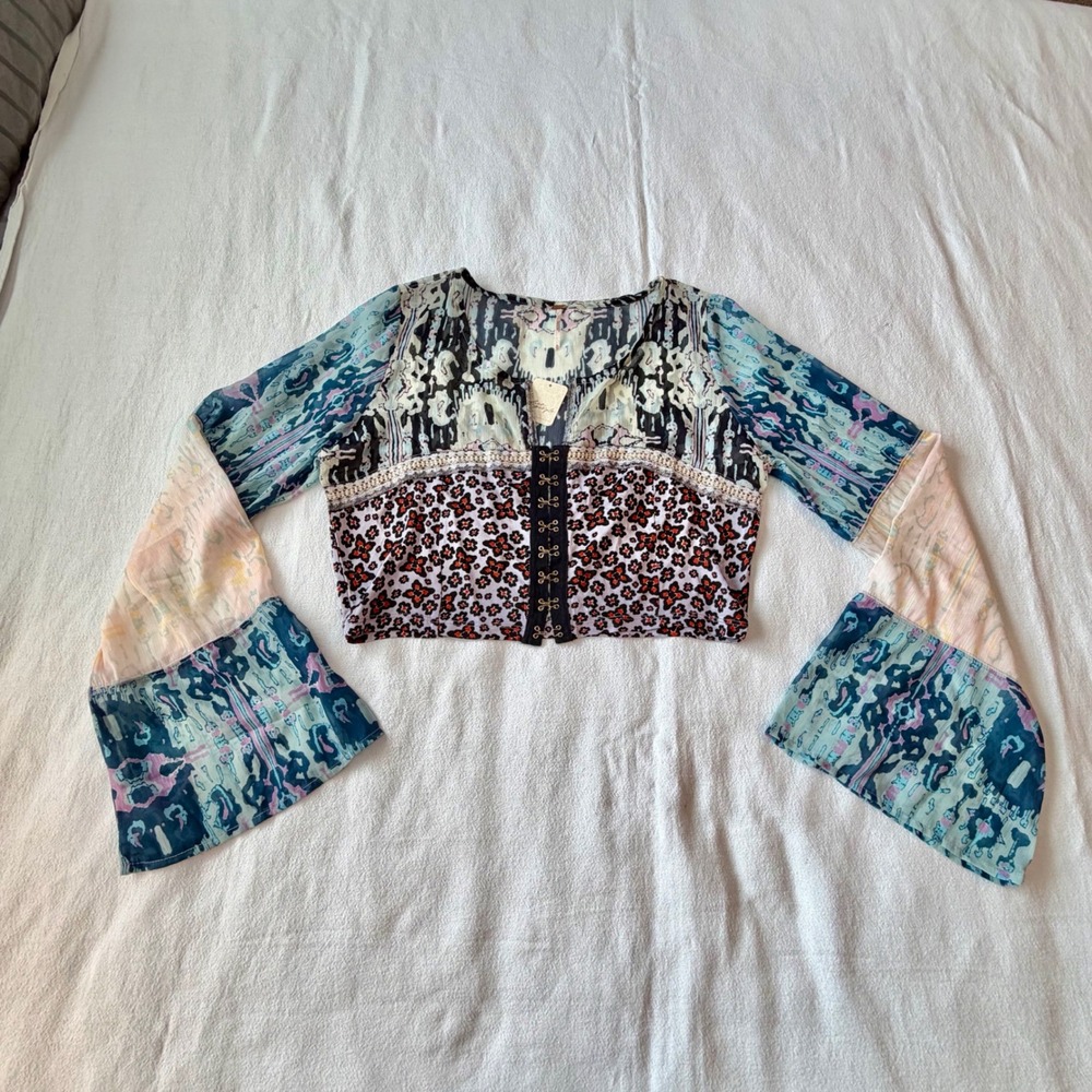 Free People Lavender Sky Combo Mixed Print Hook Eye Crop Boho Top Women's XL - Picture 4 of 9